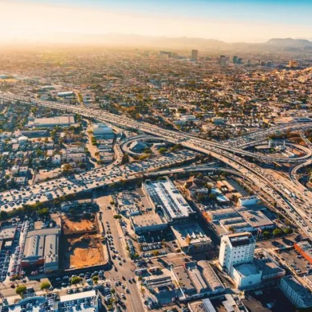 Aerial view of a freeway intersection in Los Angeles