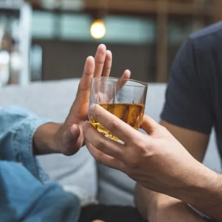 Stop alcohol concept. Person refuses to drink alcohol.